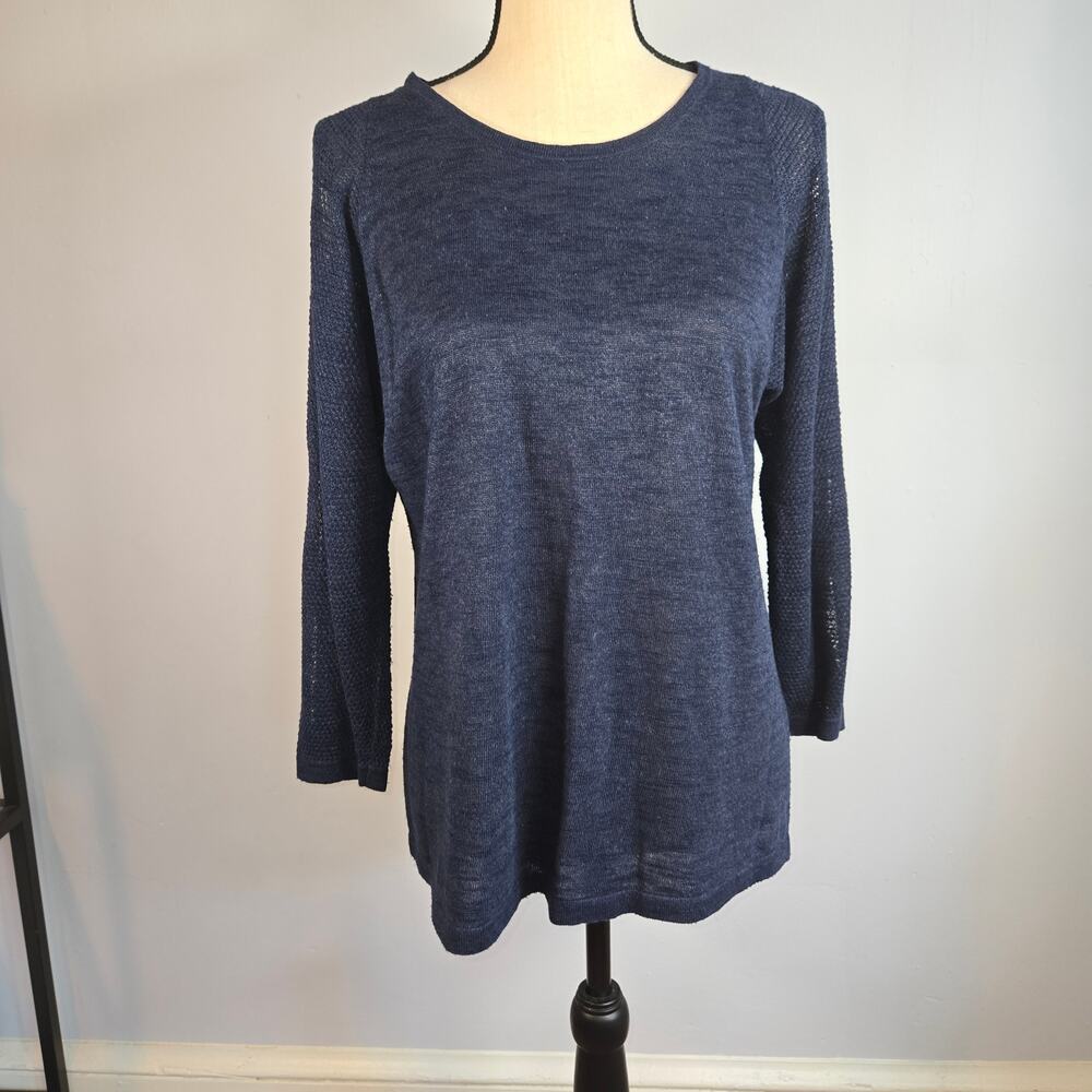 J Jill Navy Blue Linen Blend Cutout Sleeve Lightweight Knit Sweater Medium